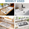 A set of chrome-plated sink overflow covers is shown in various bathroom sinks and basins.
