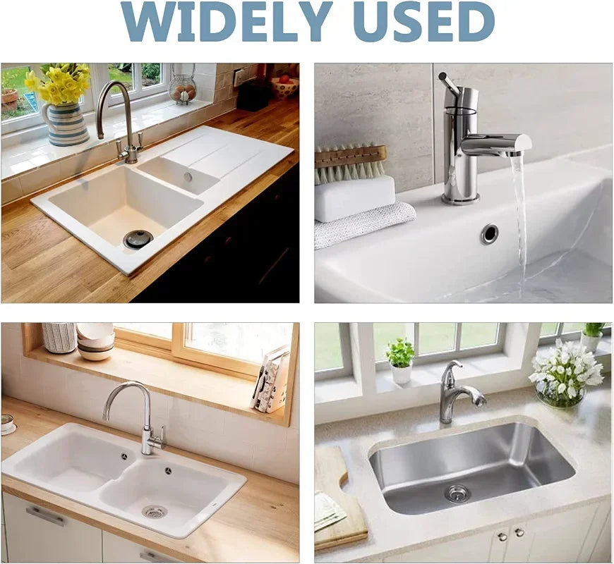 A set of chrome-plated sink overflow covers is shown in various bathroom sinks and basins.