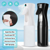 A white mist spray bottle and a black spray bottle are shown with features like BPA free, food grade PET, continuous spray, e