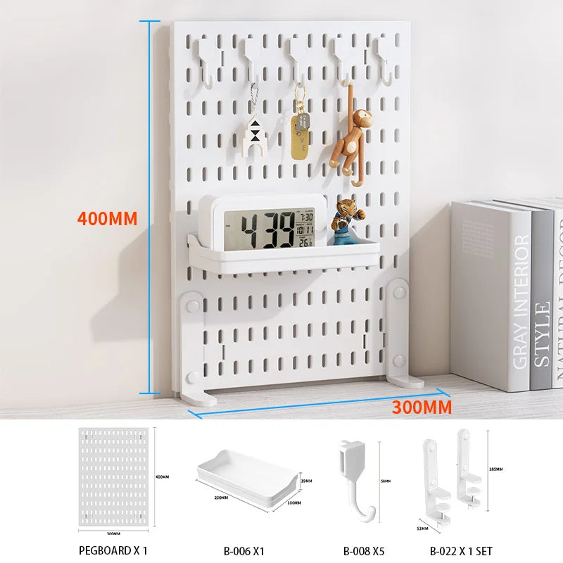 White desktop pegboard organizer featuring multiple hooks and shelves for various items