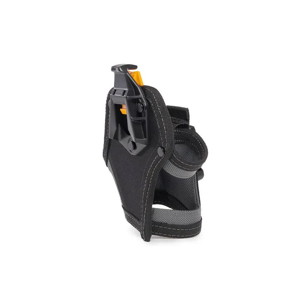 A black compact drill holster featuring a clip and bit pockets.