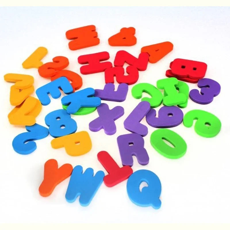 A colorful set of 36 soft EVA bath letters and numbers floating educational toys for toddlers