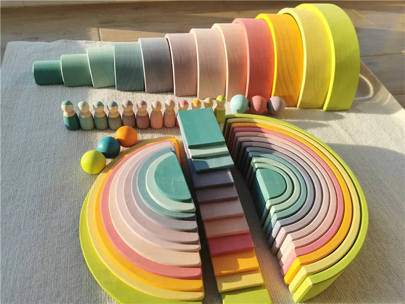 Rainbow Stacking Blocks & Peg Dolls Set – Natural Wooden Toy