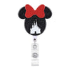 A black Mickey Mouse-themed badge reel with a red bow and a silhouette of a castle.