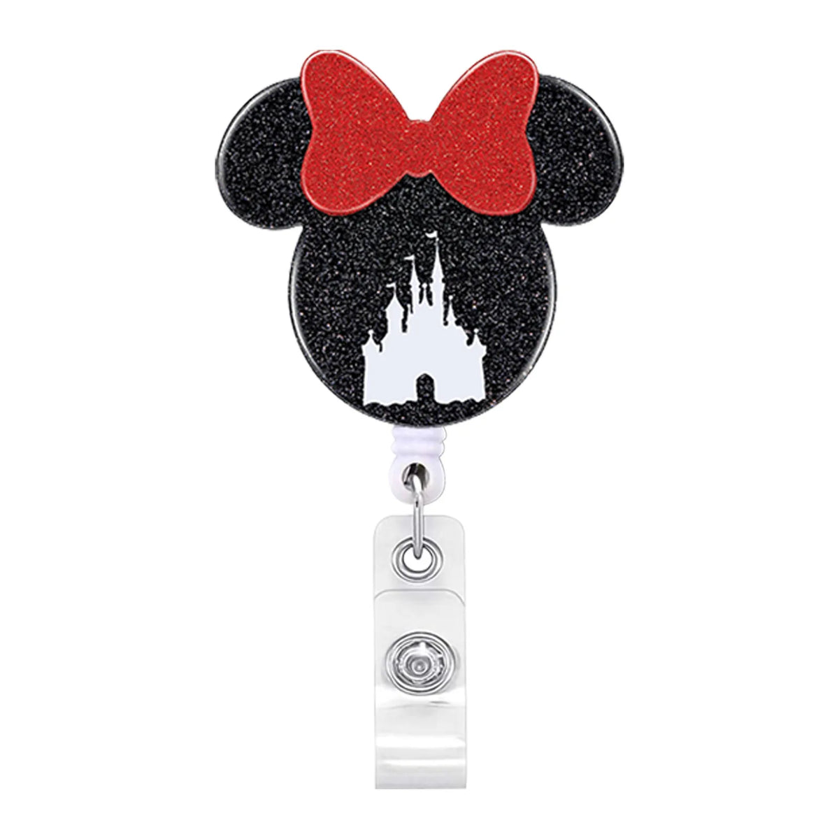 A black Mickey Mouse-themed badge reel with a red bow and a silhouette of a castle.