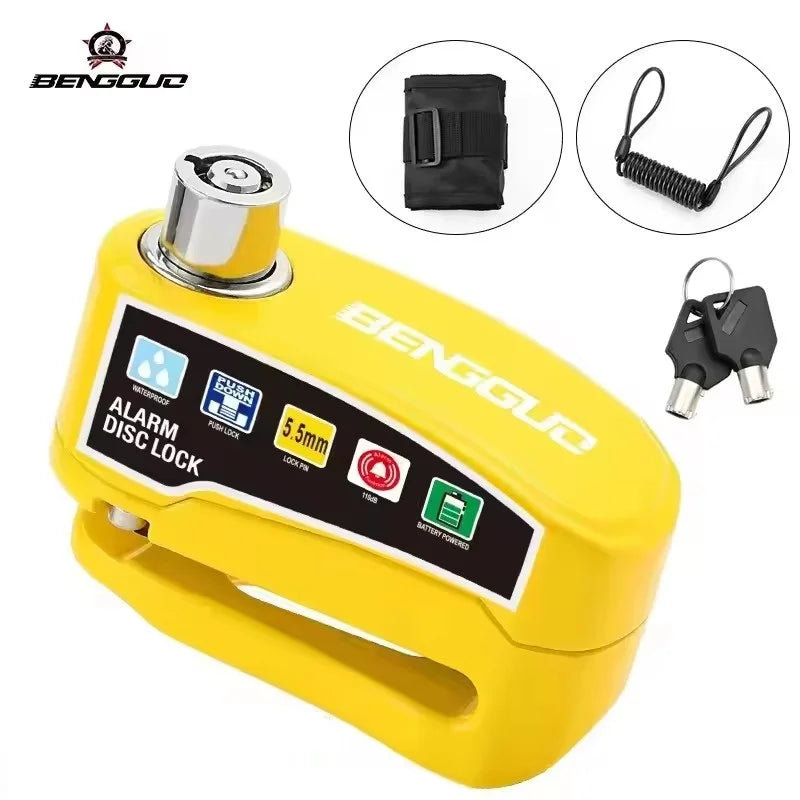 Yellow motorcycle disc brake lock with alarm and security features shown in various views