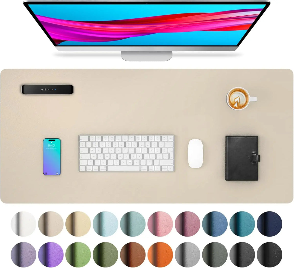 A desk pad featuring a monitor, smartphone, keyboard, mouse, and notebook, surrounded by various colored circles.