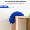A blue seven-section telescopic rod duster with a fluffy head is displayed next to a wooden shelf.