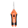 A pair of stainless steel garden scissors with orange handles and a silver blade.