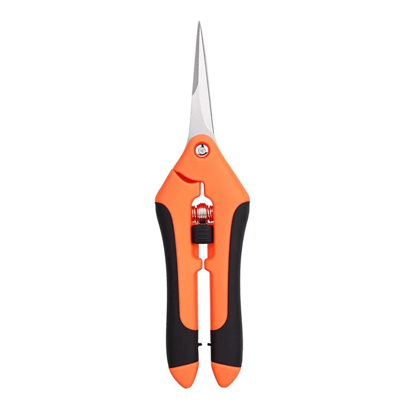 A pair of stainless steel garden scissors with orange handles and a silver blade.