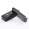Black harmonica with 10 holes and a protective case shown from the side.