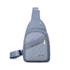 A light blue quilted crossbody sling bag with a zipper and strap.