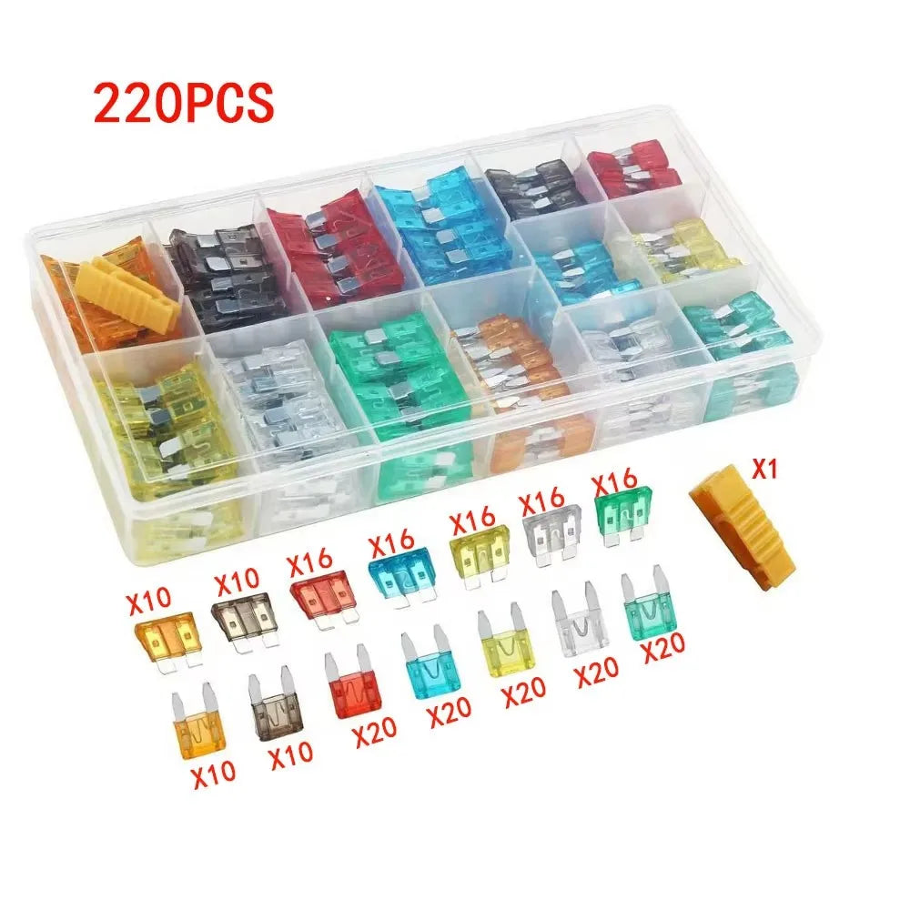 Boîte de rangement en plastique contenant 220 fusibles de voiture de différentes couleurs et tailles pour automobile et VR.