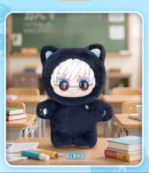 A dark blue cat plush doll pendant blind box with white hair and glasses sitting on a wooden table.