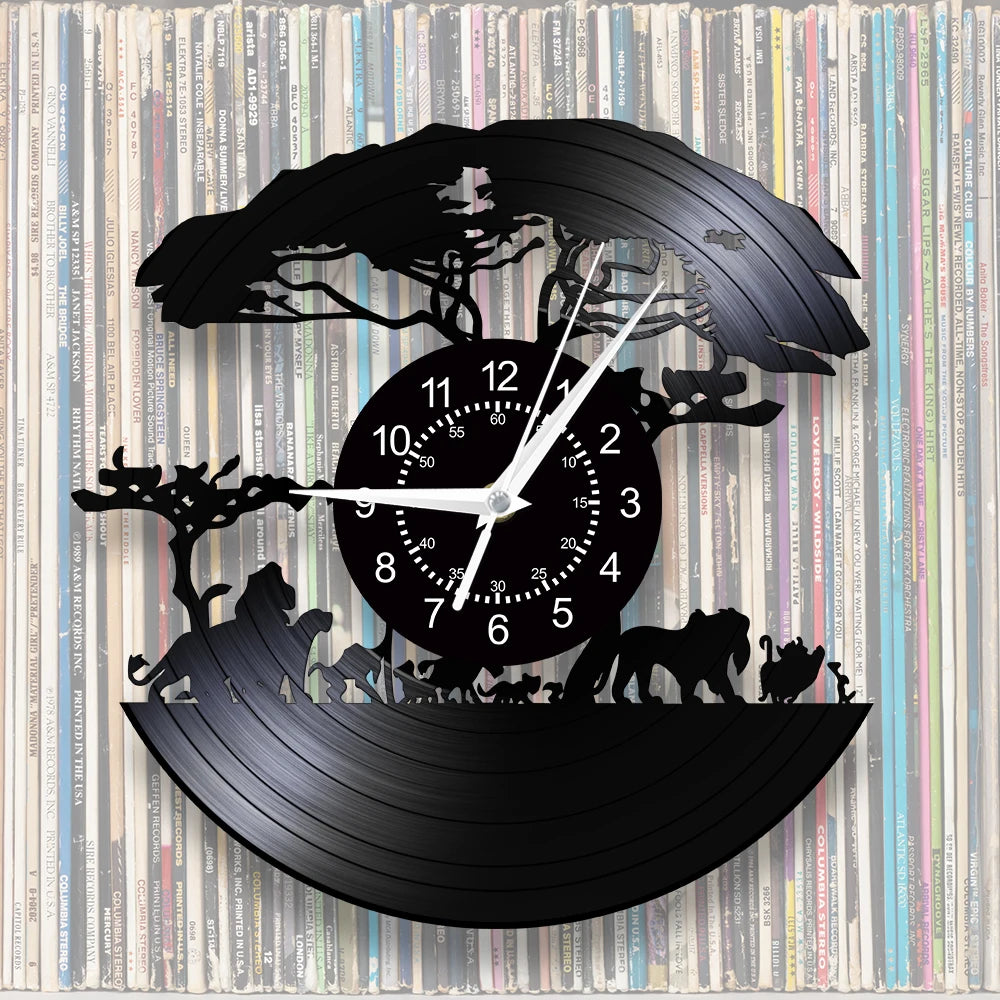 African Safari Cartoon Lion Vinyl Record Wall Clock – Silent Non-Ticking, 12-Inch Decor for Kids' Rooms and Playrooms