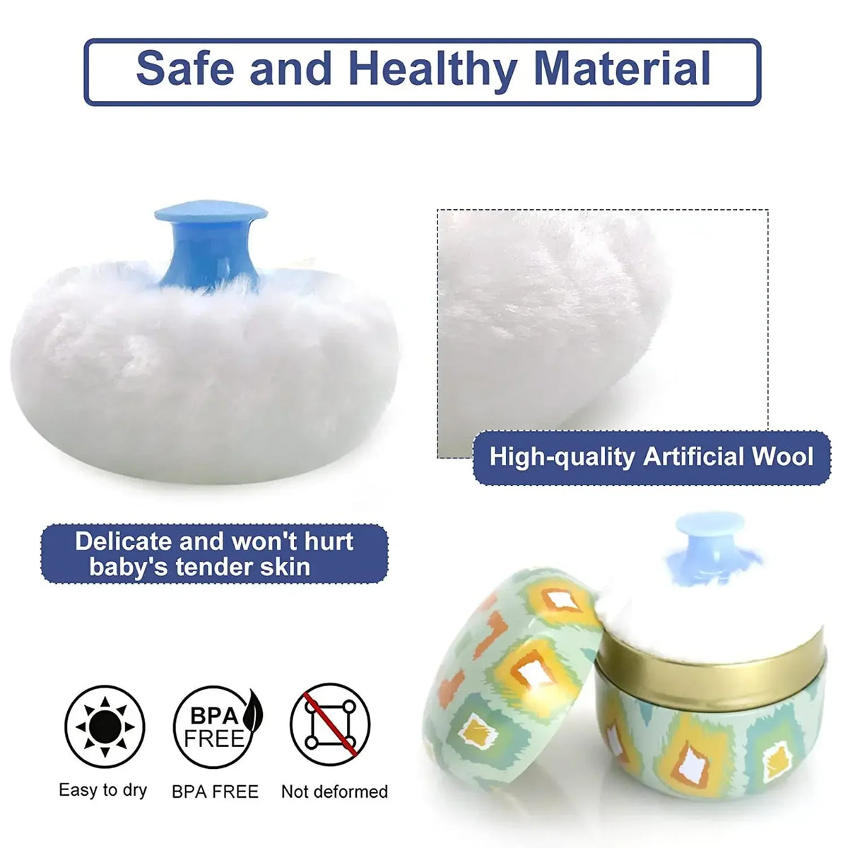 White artificial wool refillable loose powder container with a blue puff and a gold-colored silicone applicator.