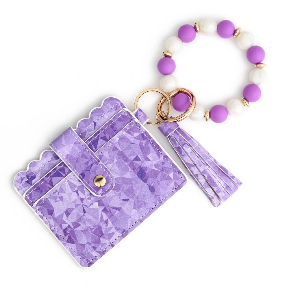 Silicone Bead Bracelet with Leather Card Holder and Tassel