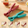 A set of silicone bowl and plate gripper clips in pink and teal colors shown with various cooking items.