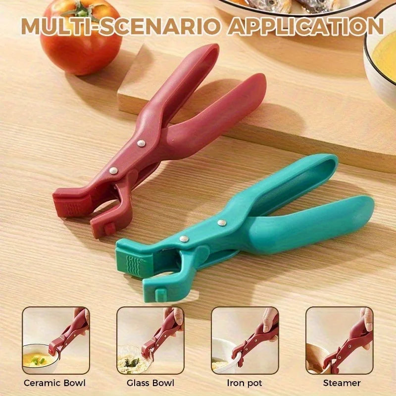 A set of silicone bowl and plate gripper clips in pink and teal colors shown with various cooking items.