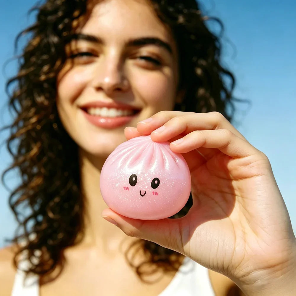 A hand holds a pink glitter dumpling squeeze toy with a happy face against a bright blue sky.