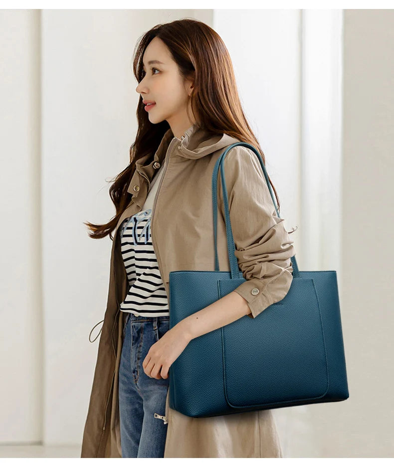 Genuine Leather Tote Bag with Multiple Pockets &amp; Zipper Closure