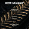 Close-up of a black knife featuring an uncompromising grip design highlighting all-weather traction, ergonomic comfort, and C
