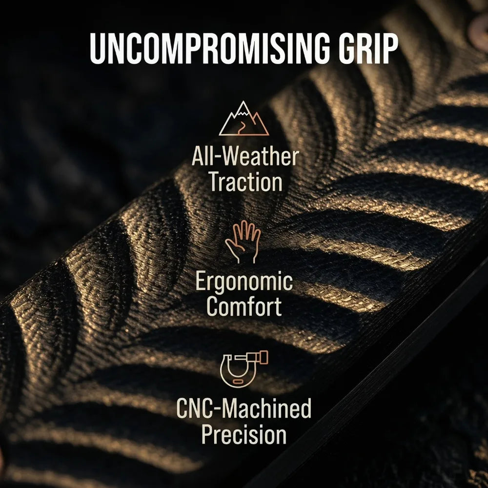 Close-up of a black knife featuring an uncompromising grip design highlighting all-weather traction, ergonomic comfort, and C