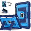 A blue shockproof hybrid case for an iPad is shown with a separate stylus and the iPad itself.