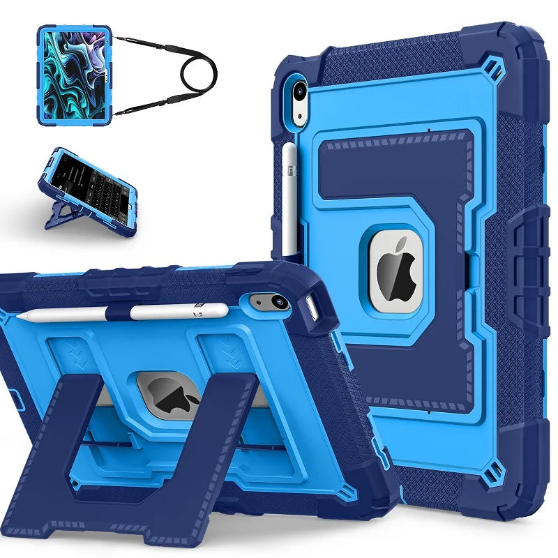 A blue shockproof hybrid case for an iPad is shown with a separate stylus and the iPad itself.