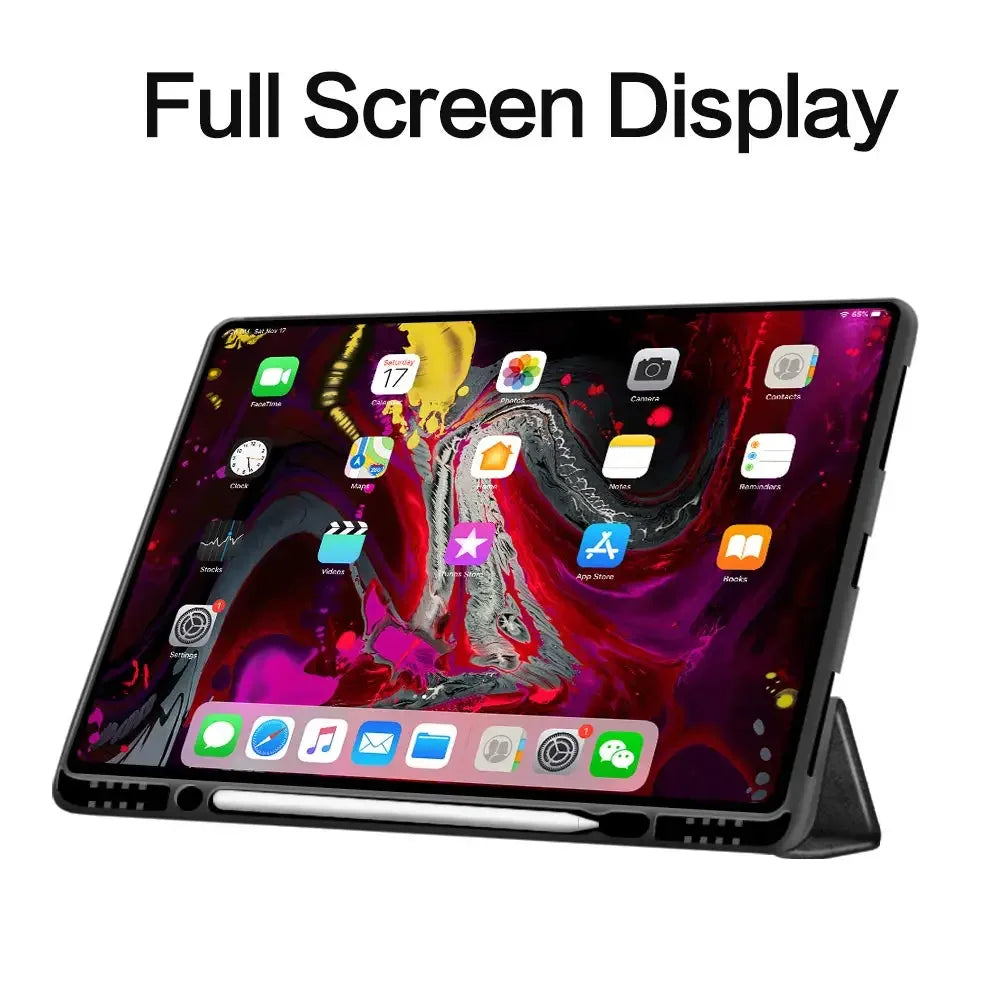 A full screen display of a Retro Marble iPad Pro 12.9 case with a pencil holder.