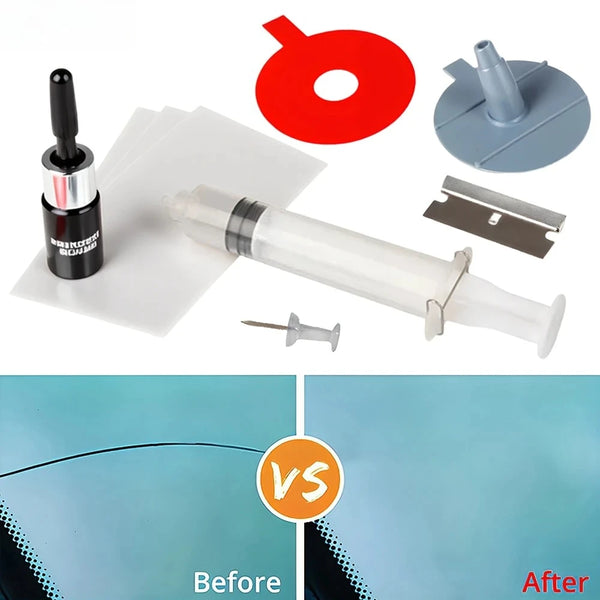 Windshield repair kit components including a resin, tool, and mounting plate for fixing cracks and scratches.
