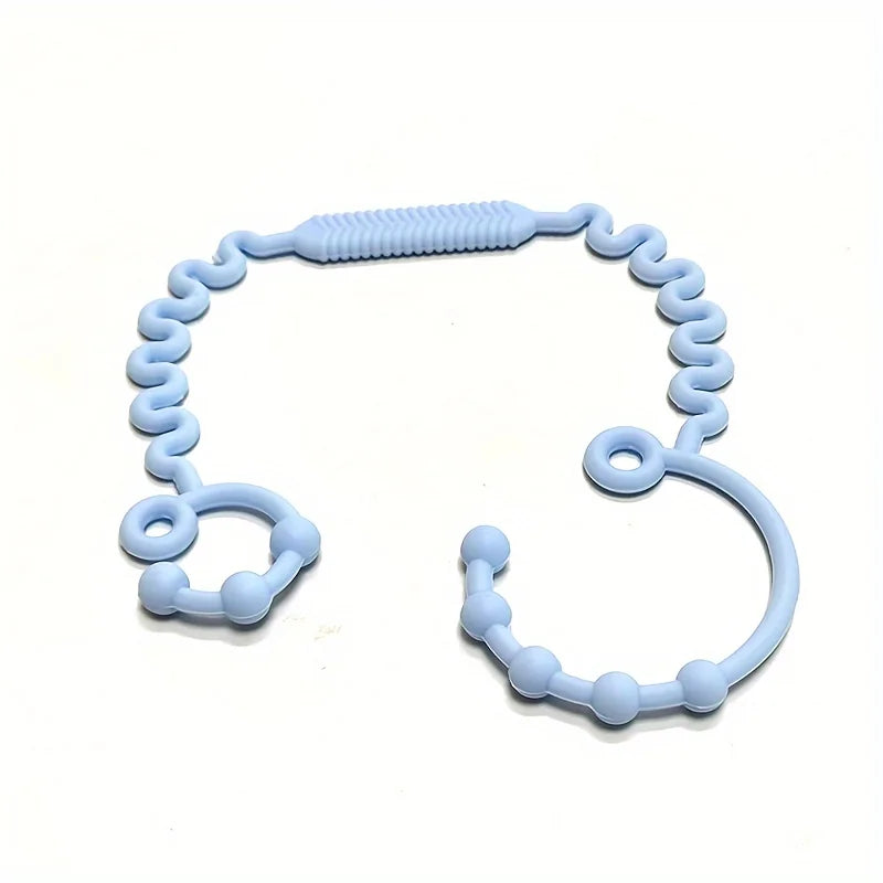 Light blue silicone anti-drop pacifier clip with a teether shaped like a ring.