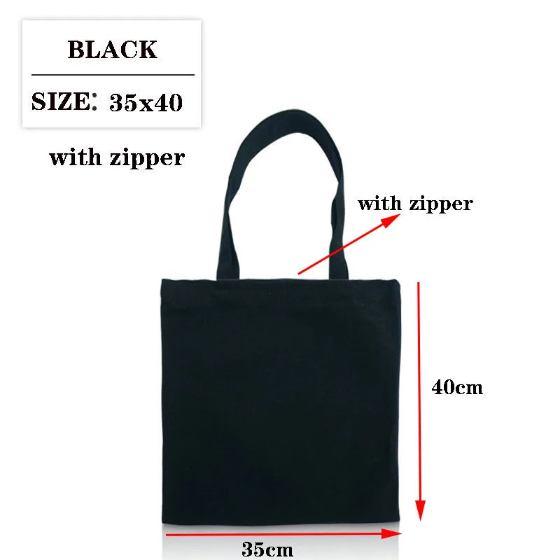 Black canvas tote bag with zipper, measuring 35cm by 40cm.