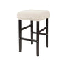 A beige upholstered bar stool featuring a woven fabric seat and dark wooden legs.