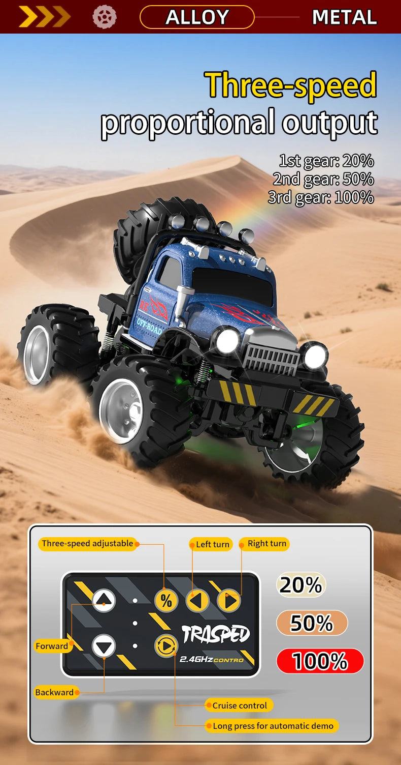 مركبة تحكم عن بعد زرقاء وحمراء بثلاث سرعات تتدحرج في الرمل، توضح إعدادات السرعة 20% و50% و100%
