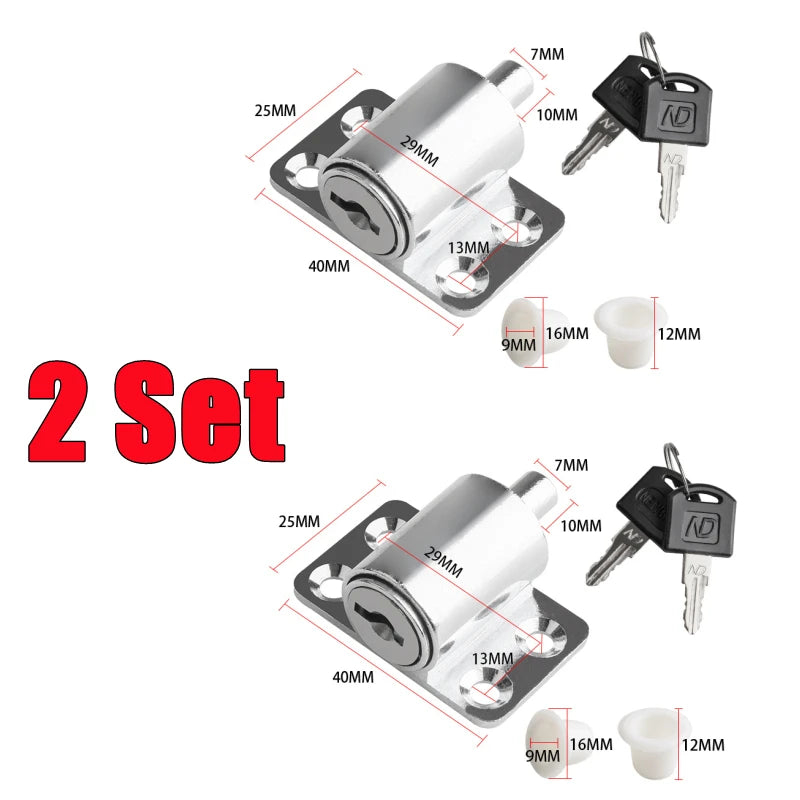 A set of sliding door window locks with two keys and mounting plates for child safety and anti-theft.
