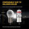 A comparison showing a bright LED bulb and a halogen bulb, highlighting their comparable size for easy installation.
