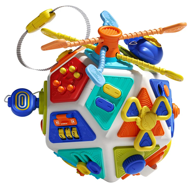 A colorful 22-in-1 toddler busy board activity cube with various knobs and levers.