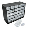 A black wall-mounted organizer with 25 clear plastic compartments and drawers for parts.