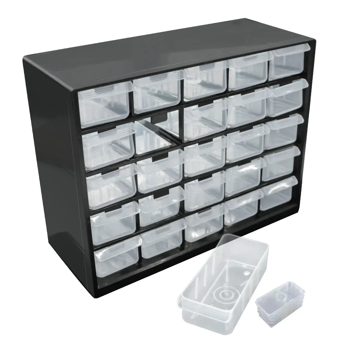 A black wall-mounted organizer with 25 clear plastic compartments and drawers for parts.