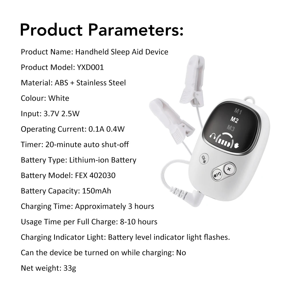 A white handheld sleep aid device with a charging cable and various model specifications displayed.