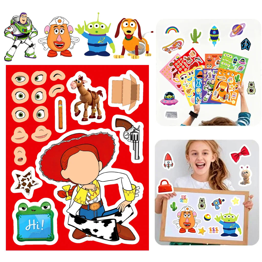 A set of reusable stickers featuring characters from Toy Story including Woody, Buzz Lightyear, and other friends.