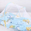 A light blue foldable baby mosquito net is shown spread out with a mattress and pillow on a white surface.