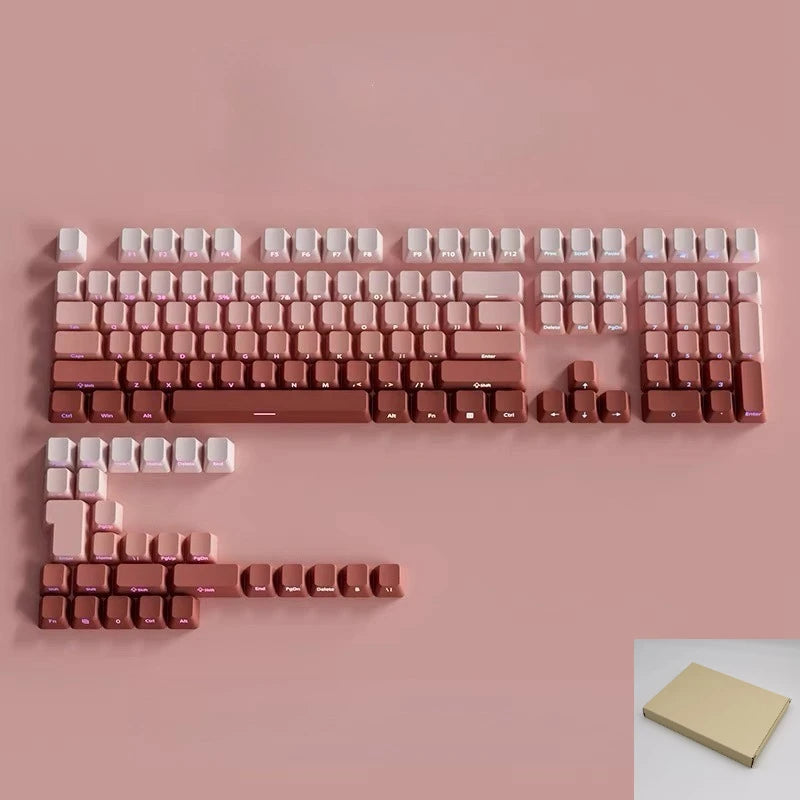 Nahaufnahme von Farbverlauf-PBT-Tasten für eine mechanische Tastatur, die verschiedene bunte Tasten in Reihen zeigt.