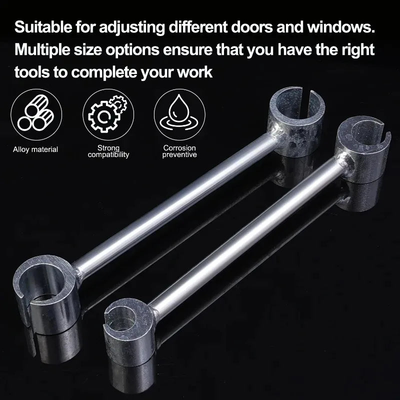 A pair of silver double-ended door hinge adjustment wrenches shown against a black background.