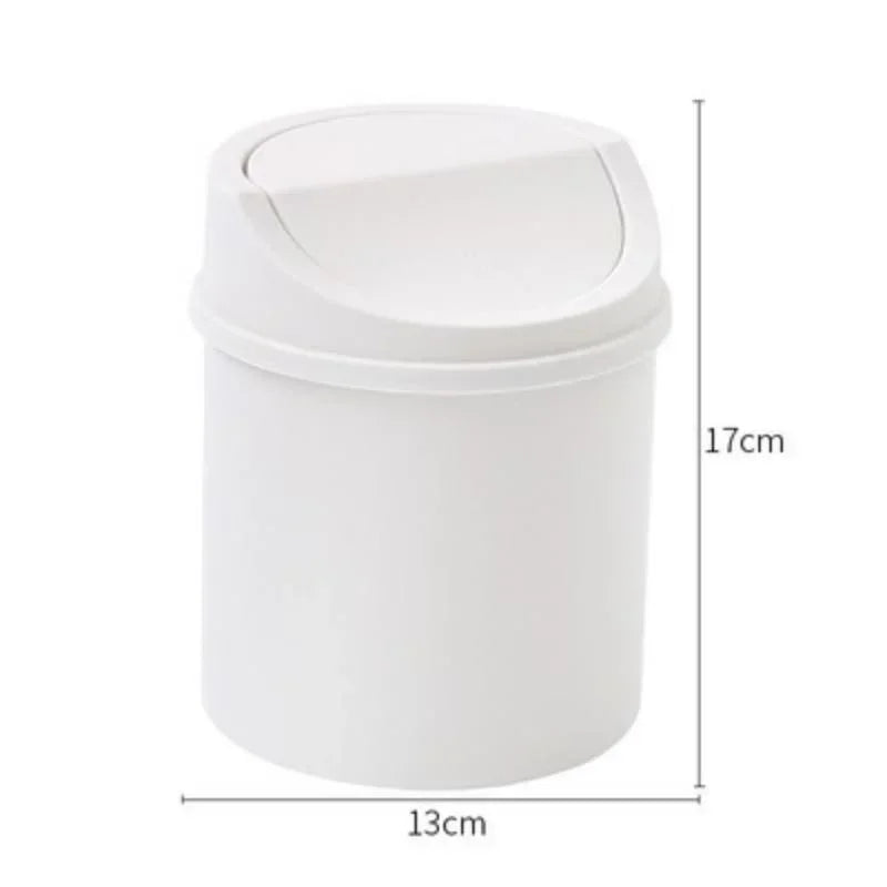 White compact covered desktop trash bin with a flip lid