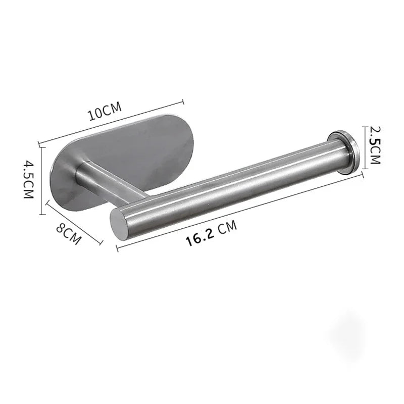 Stainless steel wall-mounted paper towel holder with a 10cm plate and a 2.5cm rod.