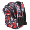 A red, black, and gray patterned laptop backpack with multiple compartments.