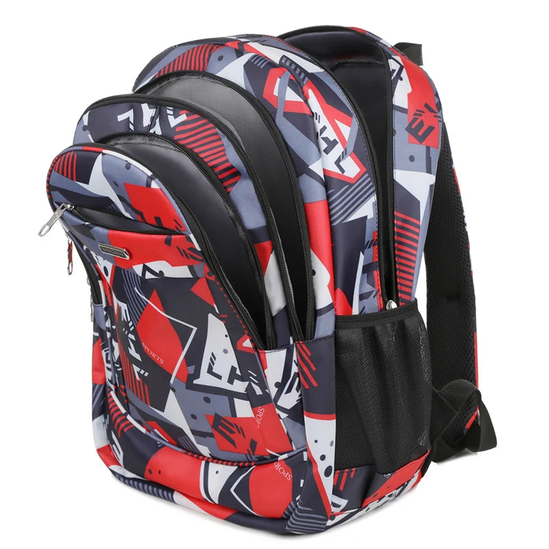 A red, black, and gray patterned laptop backpack with multiple compartments.