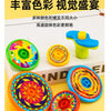 A collection of colorful bamboo dragonfly gyro pistols and spinning tops displayed on a white box.